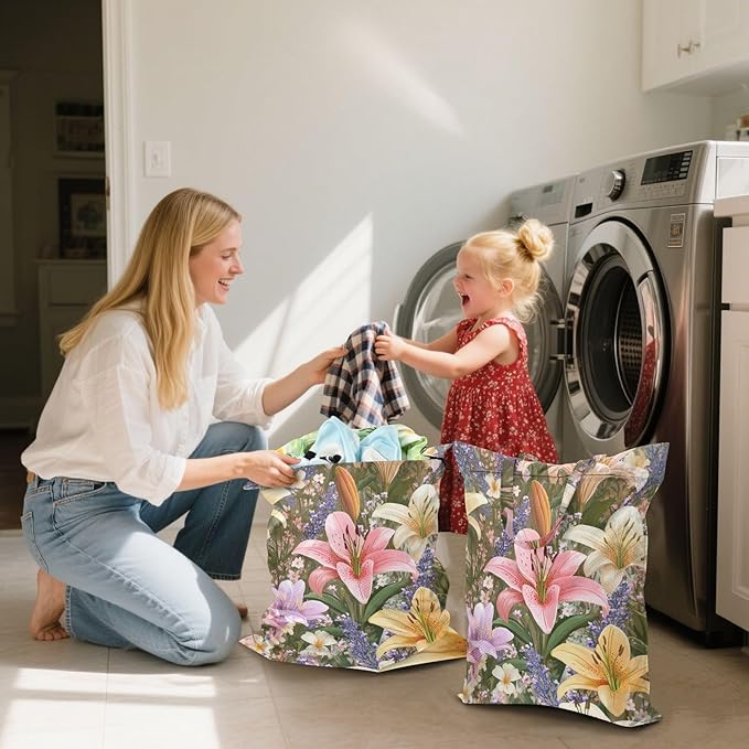 Travel Laundry Bags 2 PC Wet Dry Bag with Handle Dirty Clothes Organizer for Swimsuits Beach Camping Waterproof Washable Lilies Lavender Purple