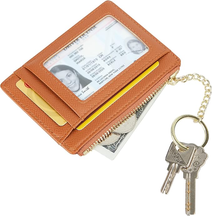 Women's Slim Minimalist Card Holder Coin Changes Purse Keychain Front Pocket Wallet With ID Window