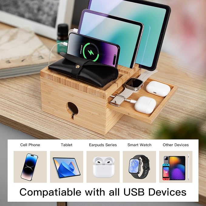 Bamboo Charging Station Organizer, No USB Charger and Cables | Nightstand Docking Station with Small Tray, Desktop Wood Charger Organizer, Compatible with Cell Phone, Tablet, Earphones