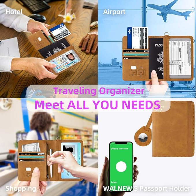 WALNEW AirTag Passport Holder and Vaccine Card Holder Combo, RFID Blocking Travel Passport Wallet with Vaccine Card Protector Slot and Airtag Protective Case(Brown)