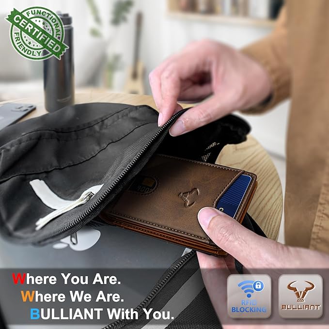 BULLIANT Men Wallet, Slim Leather Wallet Front Pocket Card Holder Gift For Men 11 Slots RFID Blocking