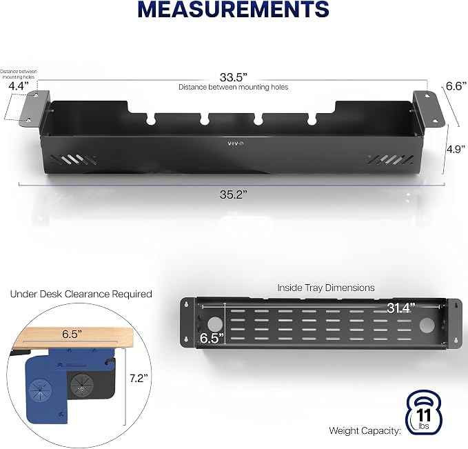 VIVO 35 inch Screw-On Under Desk Cable Management Box with Flip-Open Lid, Easy-to-Open Steel Cord and Power Strip Organizer, Cable Organizer Tray, 11 lbs Capacity, Black, DESK-ACMB35-S