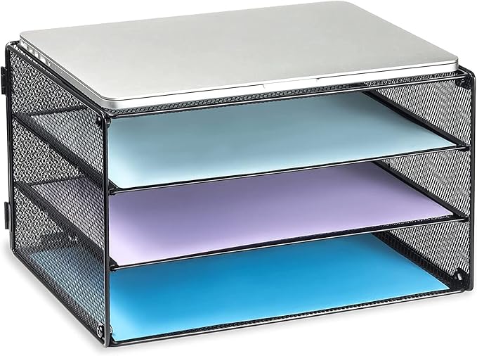 DALTACK 3 Tier Letter Tray Paper Organizer for Desk, Mesh Metal Desk File Organizer with Sliding Trays for Letter/A4 Paper, Mail, Bills & Folders, Black