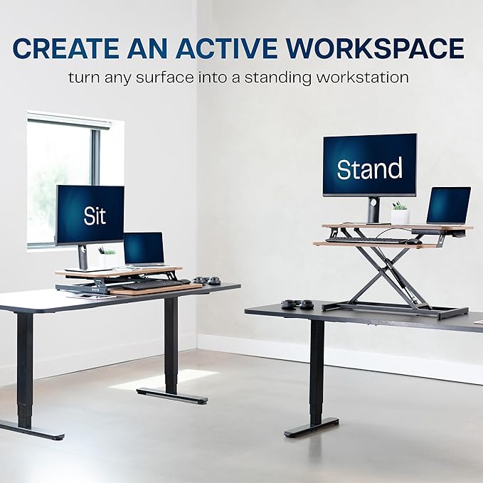 VIVO Height Adjustable 32 inch Stand Up Desk Converter, Quick Sit to Stand Tabletop Dual Monitor Riser Workstation, Rustic Vintage Brown Desktop, Black Frame, DESK-V000SN