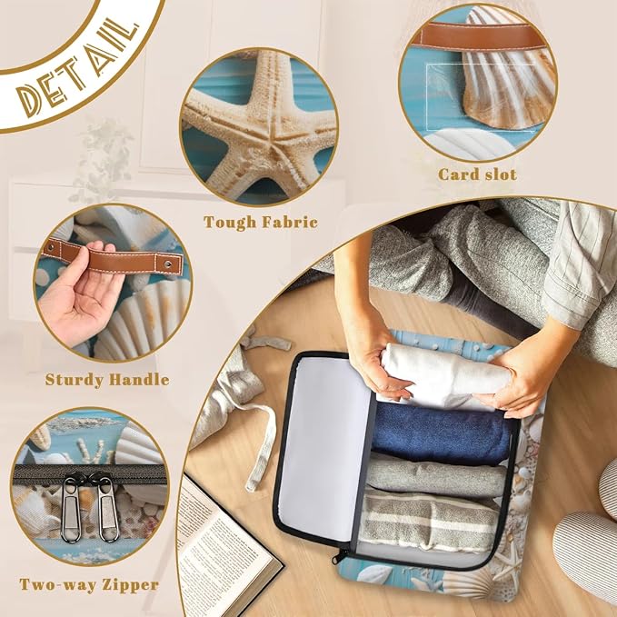 Ocean Shells Starfish Storage Bins With Zipper Lid, Collapsible Trunk Organizer, Car Organizers and Storage Bins with Lids, Decorative Storage Boxes with Handle, Home Storage Baskets for Organizing
