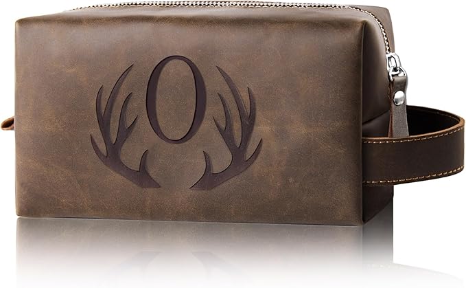 Personalized Travel Toiletry Bag for Men Initial Letter PU Leather Waterproof Shaving Bag for Toiletries Accessories Travel Essentials Storage Bags Fathers Day Birthday Gifts for Men (O)
