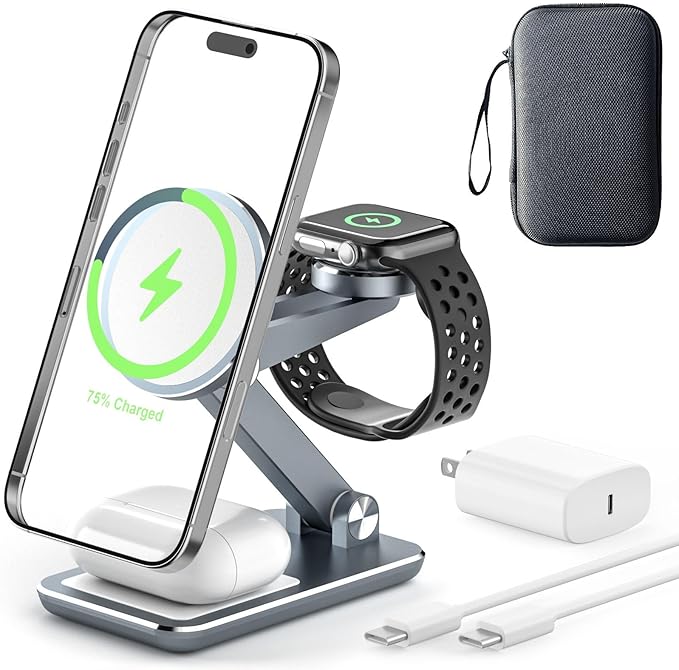 Wireless Charger 3 in 1,Foldable Wireless Charging Station for Apple MagSafe Charger,Aluminum Portable Magnetic Travel Charger Stand for iPhone,Watch,Aipods (with 20W Adapter & Case)
