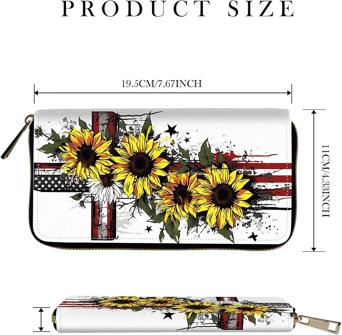 RFID-Blocking Zip Around Wallets for Women with Detachable Wrist Strap,Large Capacity Phone Holder with Card Organizer & Coin Pocket,Cross American Flag Sunflower