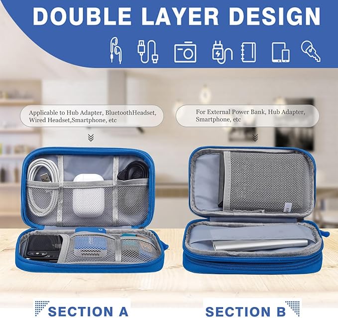 CAAORDKSO Travel Cord Organizer Case, Electronic Accessories Bag, Tech Electronic Case, Electronics Travel Organizer Bag for Cable, USB, Cord, Charger, Phone, Power Bank, Earphone (Blue, Large)