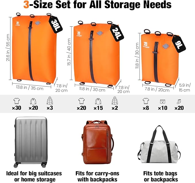 3 Pack Vacuum Bags for Travel with Pump, 3-Size Set Reusable Vacuum Compression Bags for Luggage, Space Saver IP67 Waterproof Vacuum Packing Cubes for Suitcase&Backpack, Orange