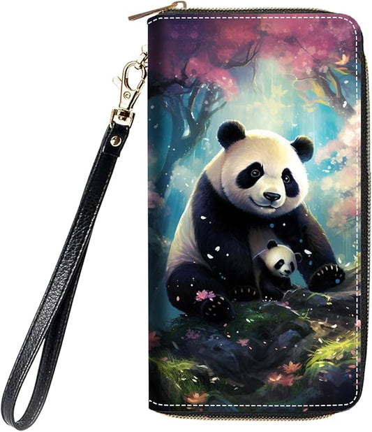Women's Large Capacity Wallet, Portable PU Leather Zipper Wallet for Smart Phone/Card/Coin/Cash, Multifunctional Clutch Wallet with Removable Wristlet Strap, Cute Panda