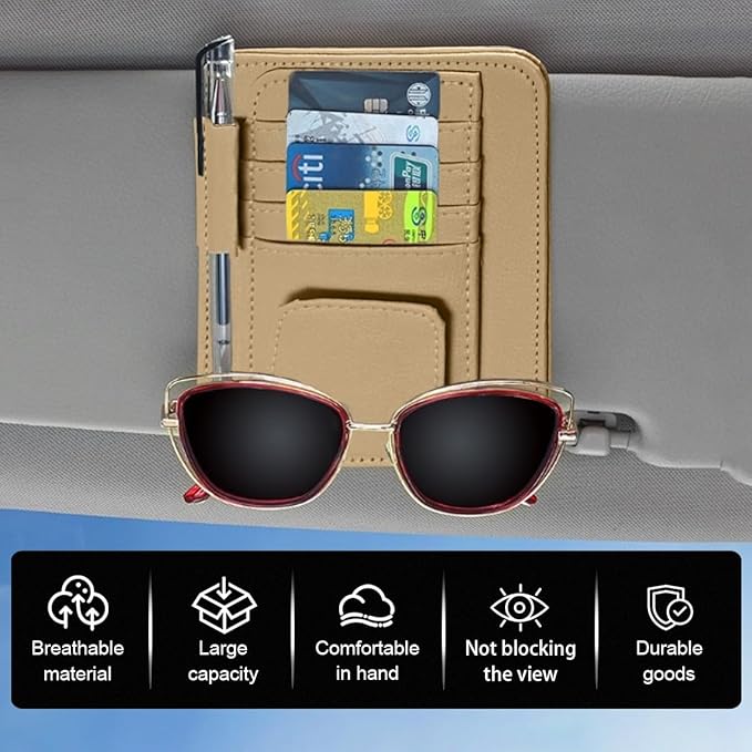 Leather Car Sun Visor Organizer Clip, Universal Car Truck Visor Document Holder with Sunglasses Clip, Auto Visor Pocket Storage for Bill Card Registration/Driving License Pen (Beige)