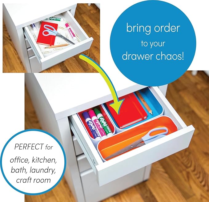 Three by Three Seattle 10 Piece Shallow Metal Organizer Tray Set for Storing Makeup, Stationery, Utensils, and More in Office Desk, Kitchen and Bathroom Drawers (1 Inch, Assorted Colors)