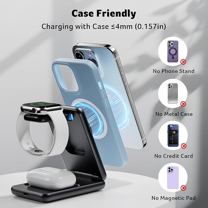 Acer 3 in 1 Charging Station for Apple Device, Magnetic Wireless Foldable Fast Charger Stand Compatible with MagSafe for iPhone, Apple Watch & AirPods, Foldable Charging Dock for Desk S3