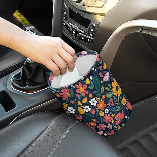 Colorful Flowers Car Garbage Trash Can Collapsible Trash Rubbish Bin Basket Bag Portable Cup Holder Organizer with Strap Universal Storage Bag Box for Front Seat, Back Seat, Headrest