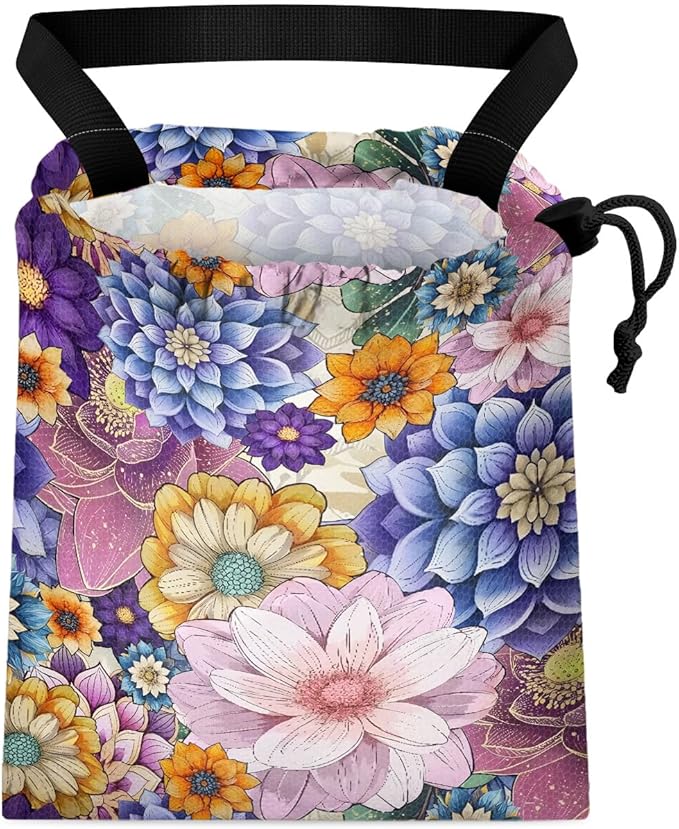 Car Trash Bag Hanging Back of Seat Waterproof Small Cute Printed One-Handed Strap Drawstring Garbage Bags for Car-Purple Boho Floral