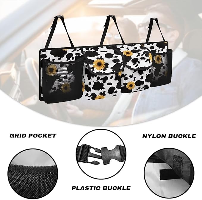 Sunflower Cow Pattern Car Backseat Trunk Organizer Auto Hanging Seat Back Storage Collapsible Car Storage Bag Car Interior Accessories for SUV, Truck, MPV,Van