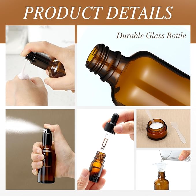 Jingmore 13 Pcs Glass Skincare Travel Containers Mini Makeup Containers Travel Size Toiletries Bottles with Pump Spray and PU Leather Toiletry Bag for Liquid Serum Cream Moisturizers Oils(Brown)