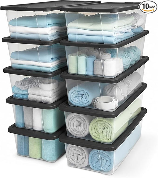 HOMZ 10-Pack Snaplock, Small Clear Plastic Storage Organizer Bins w/Lids, 6 Quart, Gray - Stackable Container Boxes for Bedroom, Bathroom, Garage, and Office Organization