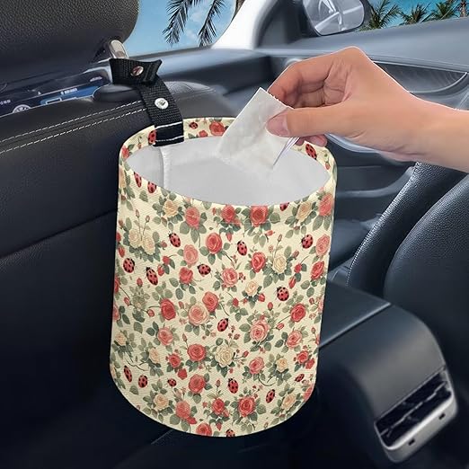 Rose Ladybird Car Front Seat Can Leak Proof Auto Trash Basket Vehicle Foldable Hanging Console Front Seat Car Garbage Bag for Front Seat, Back Seat