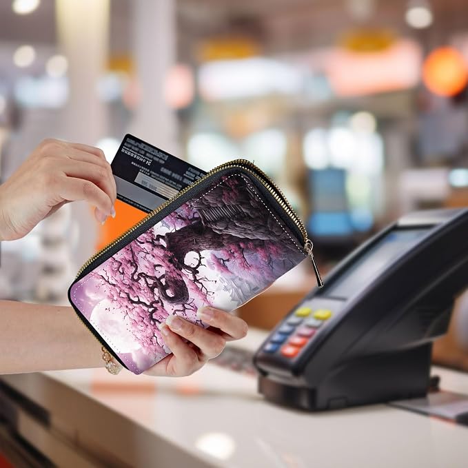 Wallet,Leather Long Wallet Suitable For Ladies And Teenagers - Detachable Wristband + RFID Travel Wallet With Card Slot - Cherry Blossom Tree