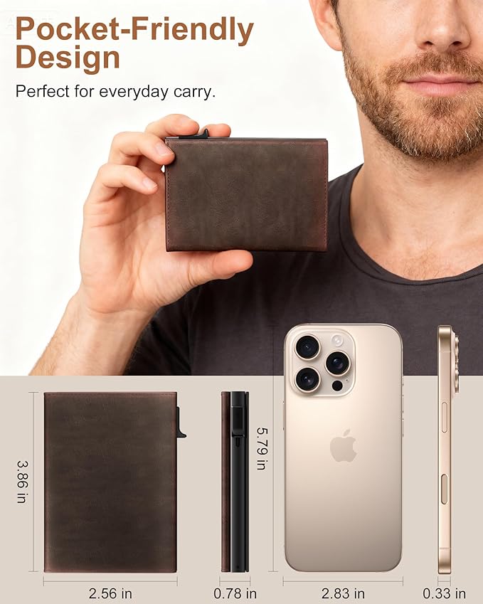 ROYAL KIT Wallet for Men Card Holder: Pop Up Card Case, RFID Blocking, Premium Genuine Leather, Slim, Minimalist, Front Pocket - 14 Card Capacity | ID Window | Cash Slot (Brown)