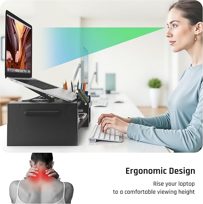 Adjustable Wood Laptop Stand, Ergonomic Height & Angle Computer Riser with Pen Holder – Compatible with MacBook Air/Pro, Dell, HP, Lenovo & 10-17.3" Notebooks – Black