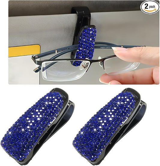 Wevdn 2 PCS Car Sun Visor Glasses Holder, Fashion Bling Car Eyeglasses Sunglasses Hanger for Women Girls, Glasses Holder Clip Hanger Mount with Ticket Card Clip, Car Accessories (Dark Blue)