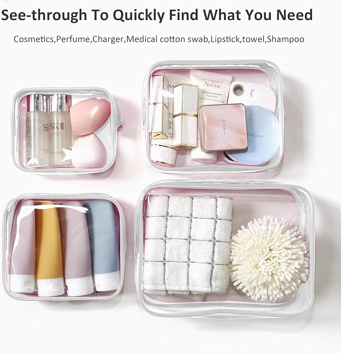 LETGO 4 Pack Clear Toiletry Bags, Portable Travel Makeup Pouch with Zipper, TSA Approved Organizer, Clear Pouch Bags Compatible With Bogg Bag Divider Accessories (Clear White)