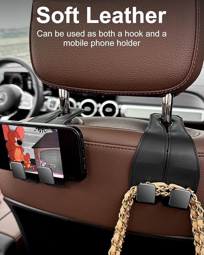 2 Pcs Car Hooks for Headrest, Adjustable Vehicle Seat Back Car Organizers and Storage Accessories, Universal Fit Double Metal Leather Purse Holder for Car(Black)
