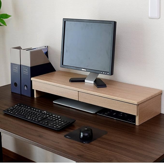 Yamazen DTS-H8025(NA) Telework Monitor Stand, 2 Drawers, Computer Stand, Display Stand, Desktop Stand, Width 30.7 x Depth 10.2 x Height 5.3 inches (78 x 26 x 13.5 cm), Finished Product, Natural
