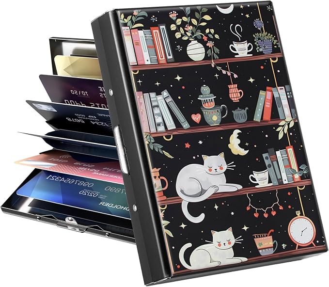 Metal Wallet, Credit Card Holder for Women Men Girls, RFID Blocking Aluminum Wallet Slim Hard Case, Mini Travel Wallet, ID Card Holder Business Card Case,Cat Library Bookshelf