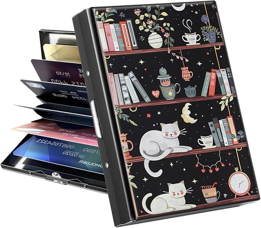 Metal Wallet, Credit Card Holder for Women Men Girls, RFID Blocking Aluminum Wallet Slim Hard Case, Mini Travel Wallet, ID Card Holder Business Card Case,Cat Library Bookshelf