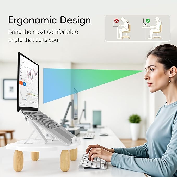 AFOOYO Adjustable Wood Laptop Stand, Ergonomic Height Angles Computer Stand, Cloud-Shaped Holder Riser Notebook Stand for Desk Compatible with Air, Pro, Dell, HP, Lenovo More 10-17.3" Laptops, White
