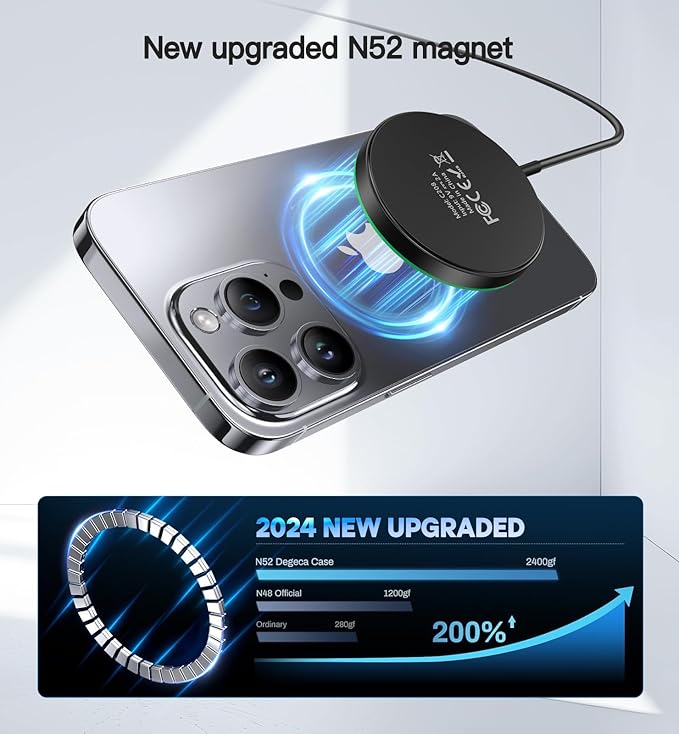 Magnetic Wireless Charger 15W Mag Safe Charger-Fast Charging Pad Compatible with iPhone16/15/14/13/12 Series & Airpods 2 3 Pro-LED Mag-Safe Pad with Dual Charging Ports Original Replacement（Black）