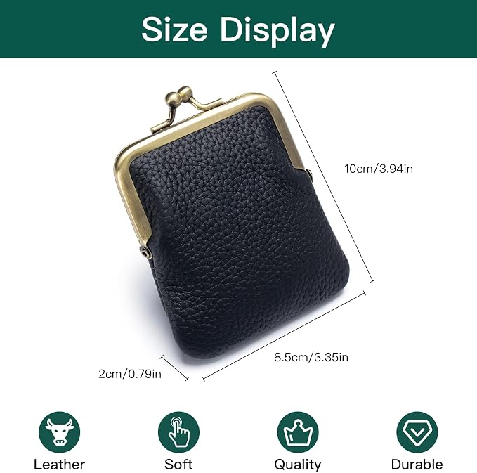 Genuine Leather Kiss Lock Coin Purse, Mini Wallet with Metal Clasp Frame, Small Change Holder，gift for women men (White)