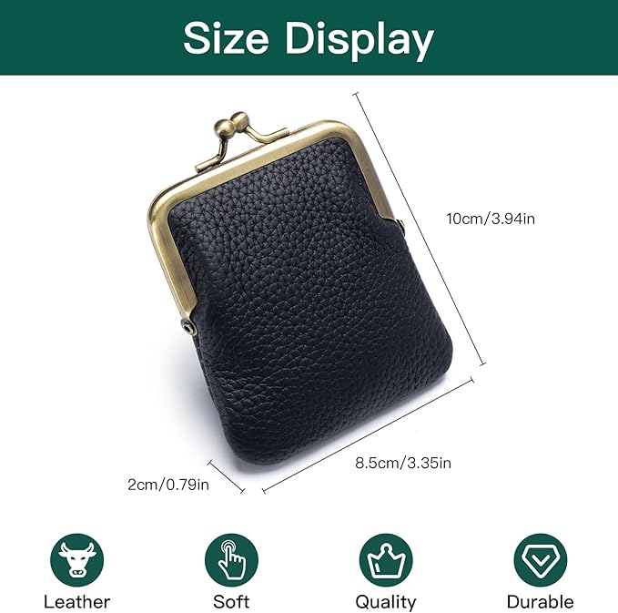 Genuine Leather Kiss Lock Coin Purse, Mini Wallet with Metal Clasp Frame, Small Change Holder，gift for women men (Blue)