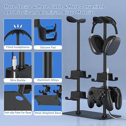 MANMUVIMO Headset Stand Controller Holder for 2 Headset and 8 Controller, Headphone Stand Gaming Controller Holder for PS5 Xbox Airpods Beats Bose, Gaming Room Accessories, Gamer Gifts for Men