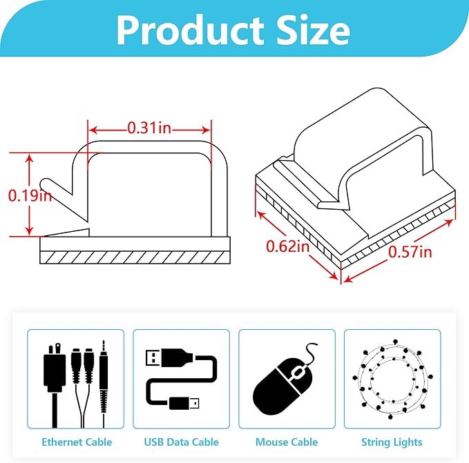 100PCS Adhesive Cable Clips, Wire Holder Organizer, Cord Management, Cable Staples, Christmas String Lights, White, Small