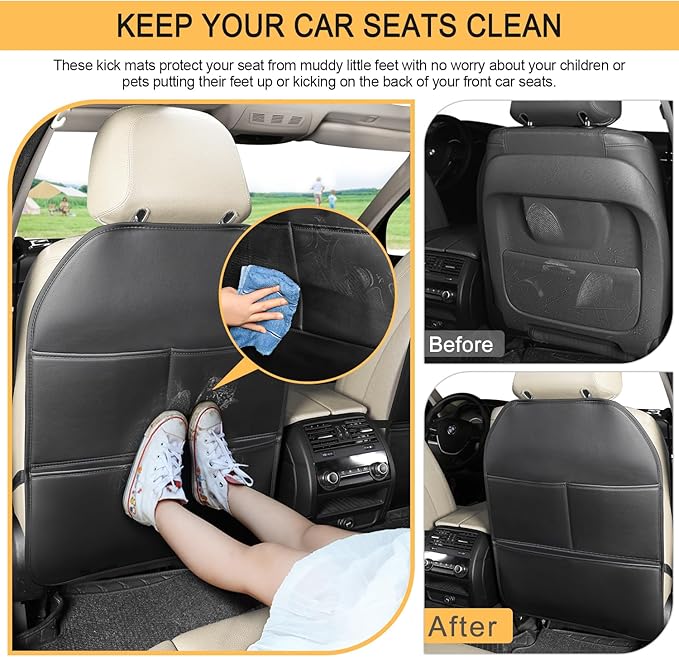 2 Pack PU Leather Kick Mat Back Seat Protector With 3 Storage Pockets, Universal Car Seat Back Organizer For Kids Pets, Waterproof Backseat Protector For Most Car (Black)