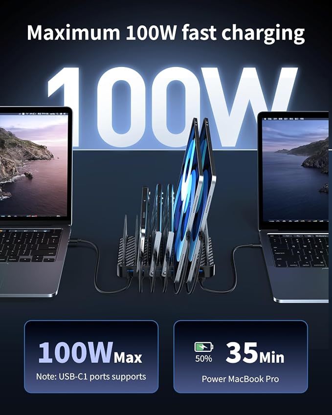 288W Charging Station for Multiple Devices, 8-Port Multi USB C Fast Charger Station Dock with Adjustable Dividers & 7 Cables,Multi-Purpose Desktop and Wall Fast Charger for iPhone, iPad,Tablets & More