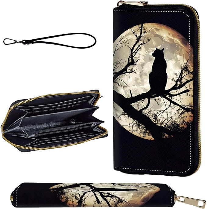Wallet,Leather Long Wallet Suitable For Ladies And Teenagers - Detachable Wristband + RFID Travel Wallet With Card Slot - Cat and Moon