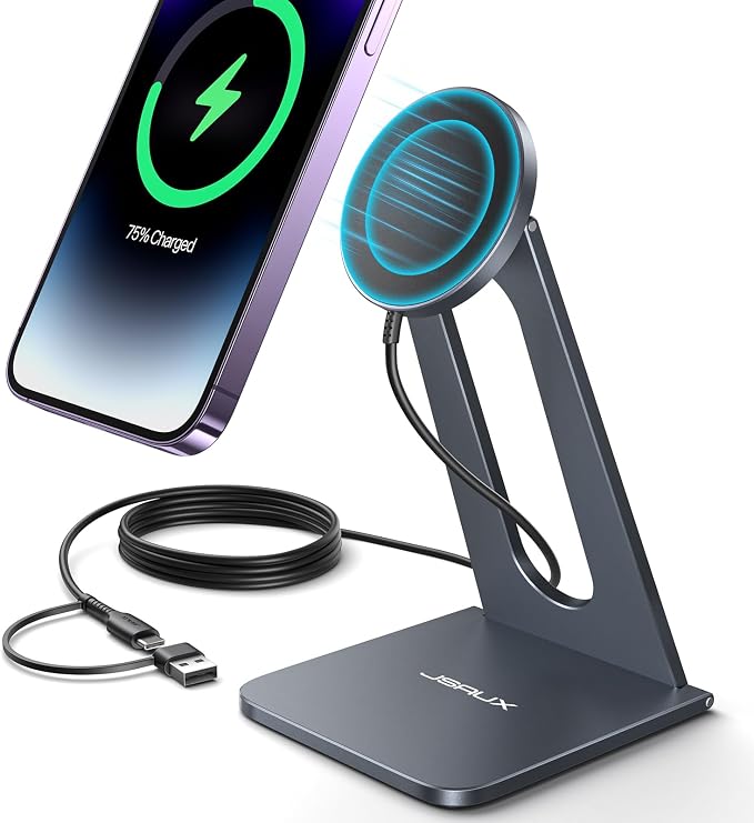 for iPhone 17 MagSafe Charger Wireless Charger Stand, JSAUX Magnetic Charger for iPhone 17e/17 Air Pro Max/16/15/14/13/12 Series/Airpods, Aluminum Alloy, Wireless Charging Stand - Grey