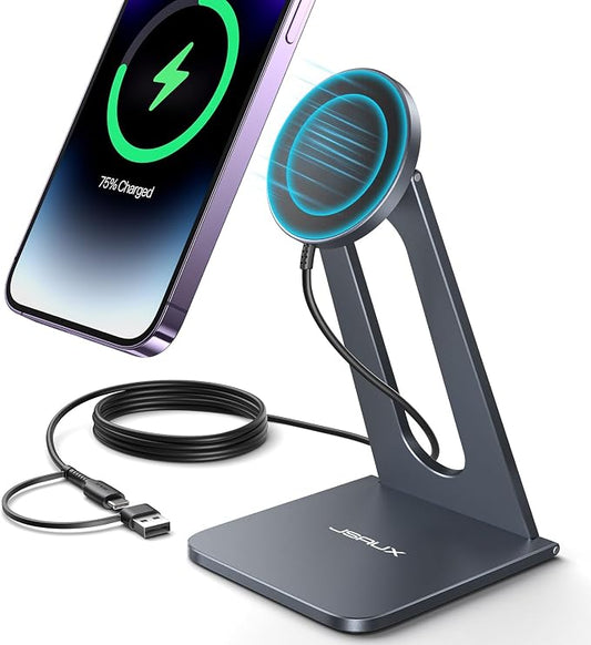 for iPhone 17 MagSafe Charger Wireless Charger Stand, JSAUX Magnetic Charger for iPhone 17e/17 Air Pro Max/16/15/14/13/12 Series/Airpods, Aluminum Alloy, Wireless Charging Stand - Grey
