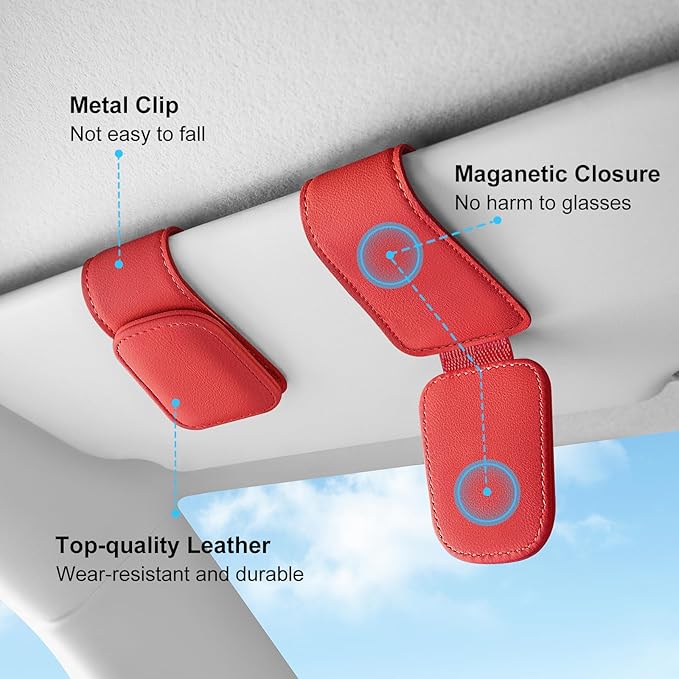 TCJJ Sunglasses Holders for Car Visor,Car Magnetic Glasses Holder Leather Sunglasses Clip and Ticket Card Clip Suitable for Car Interior Visor and Different Size Eyeglasses(Red)