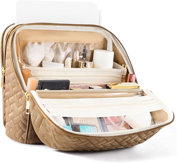 Makeup Bag, Large Capacity with Room for Brushes and Mirror, Travel Makeup Organizer, Portable Standing Make Up Case, Waterproof Cosmetic Toiletry Bags with Handle, Color Brown