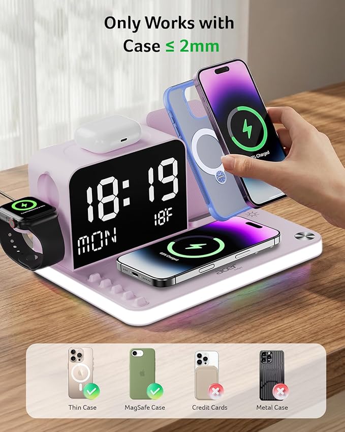 Acer 7-in-1 Wireless Charging Station with LED Clock - 30W Fast Wireless Charger for iPhone 16/15/14/13/12/Pro Max, Apple Watch, AirPods - Bluetooth Auto Time Sync & Night Lights (Purple)