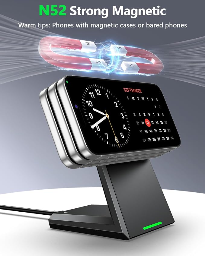 NANAMI Magnetic Wireless Charger Stand 25W Fast Charging with 30W PD Adapter for iPhone 17/16/15/14/13/12, N52 Magnetic Alignment, 360° Adjustable Phone Charger Stand, Auto-Dim LED & Safety Protection