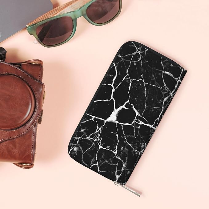 Marble Print Black White Wallet for Men Women Elegant Long Clutch Zip Around Travel Leather Coin Purse Large Capacity Credit Card Holder Handbag