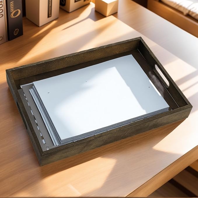 Wood Letter Tray, 15x10 in Large Paper Holder, Desktop Letter Document Organizer with Handle, Decorative File Stationery Tray for Office Supplies, Entryway, Notebooks, Mails